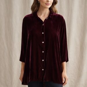 Cut Loose XL Burgundy Velvet Tunic Top Silk Blend Made in USA High Low Hem